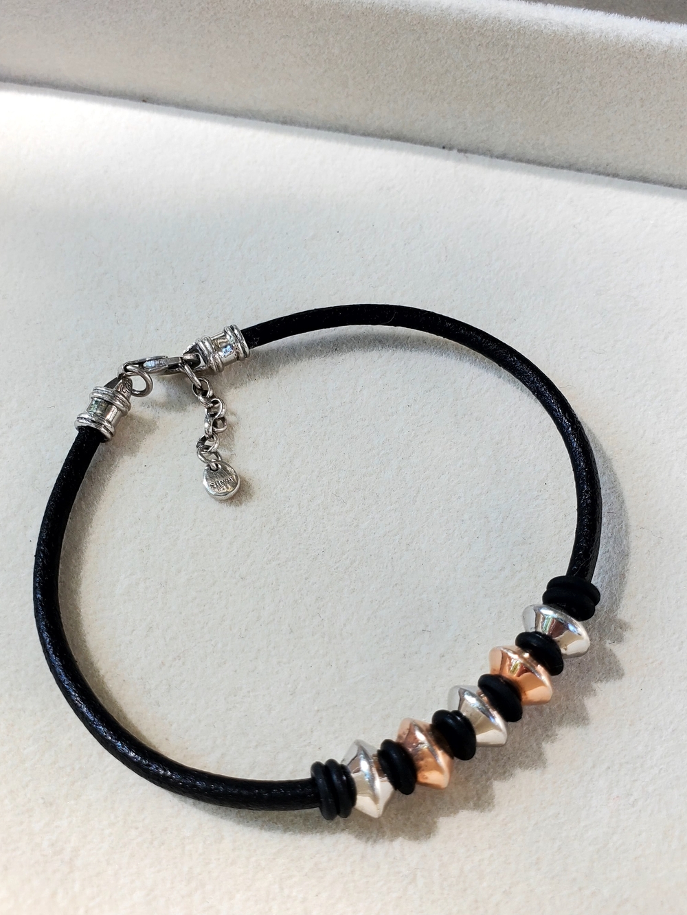 Black Leather Bracelet with Silver & Rose Gold Beads